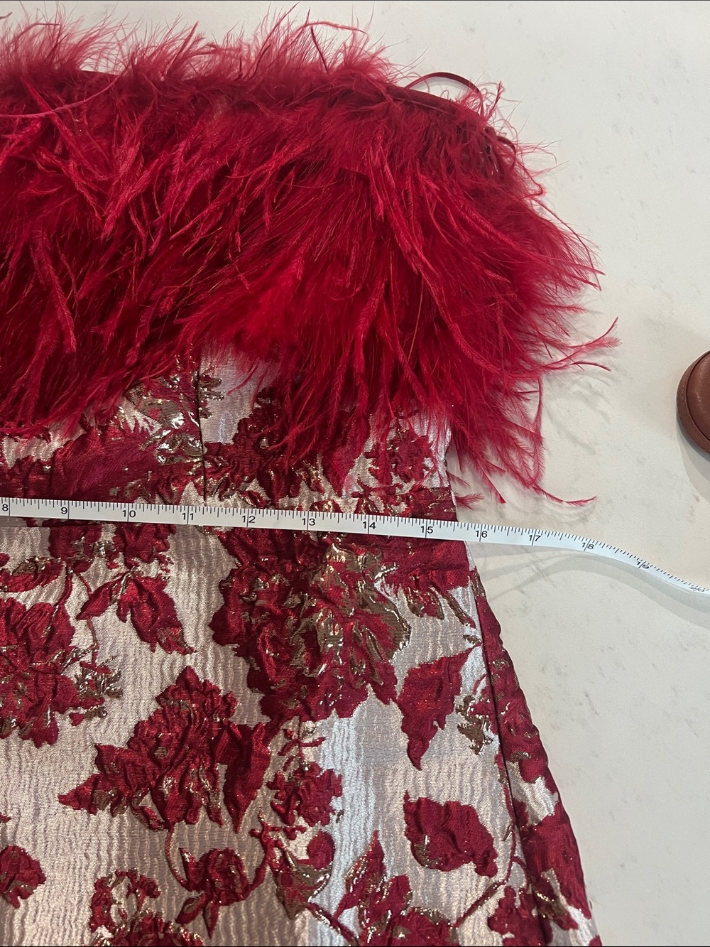 Tuckernuck Hyacinth House Strapless Floral Jacquard Dress with Red Feather Trim - Picture 6 of 9